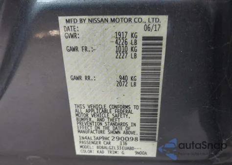 2017 Nissan Altima 2.5 S z USA, uszkodzony, nr VIN 1N4AL3AP9HC290098